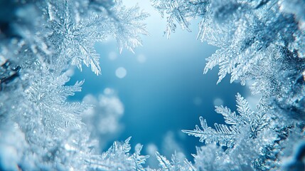 Winter Wonderland: A frosted snowflake frame on a shimmering icy blue background