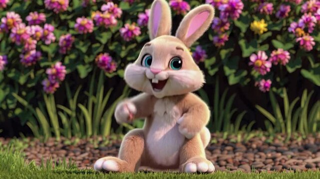 Animated bunny in a garden, captured from a low angle, showcasing a playful and vibrant style with colorful flowers in the background. Video.
