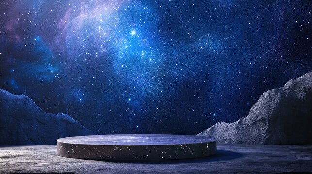 A cosmic starry night scene with a textured stone background and a sleek podium, ideal for high-end product presentations.