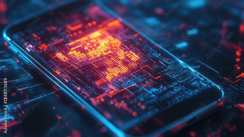 Poster A cracked neon smartphone screen displaying digital glitches, symbolizing technology failure, data corruption, and cyber vulnerabilities in a futuristic setting.