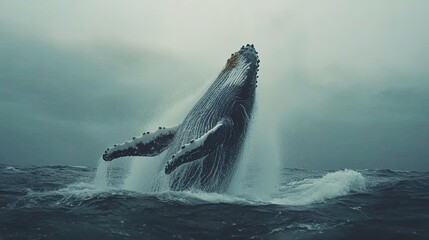 Fototapeta premium Humpback whale breaching the ocean surface, water cascading in slow motion