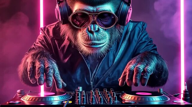 Digital Artwork of DJ Monkey with Headphones Performing with Neon Lights