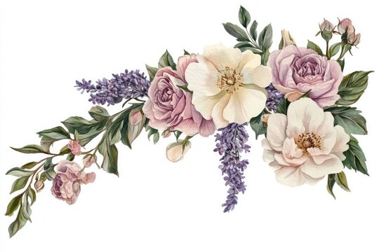 A corner composition of watercolor flowers and greenery in shades of pink, lavender, and cream, ideal for wedding stationery.