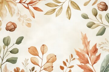 A cozy autumn watercolor design featuring acorns, oak leaves, and other seasonal foliage in muted earthy tones.