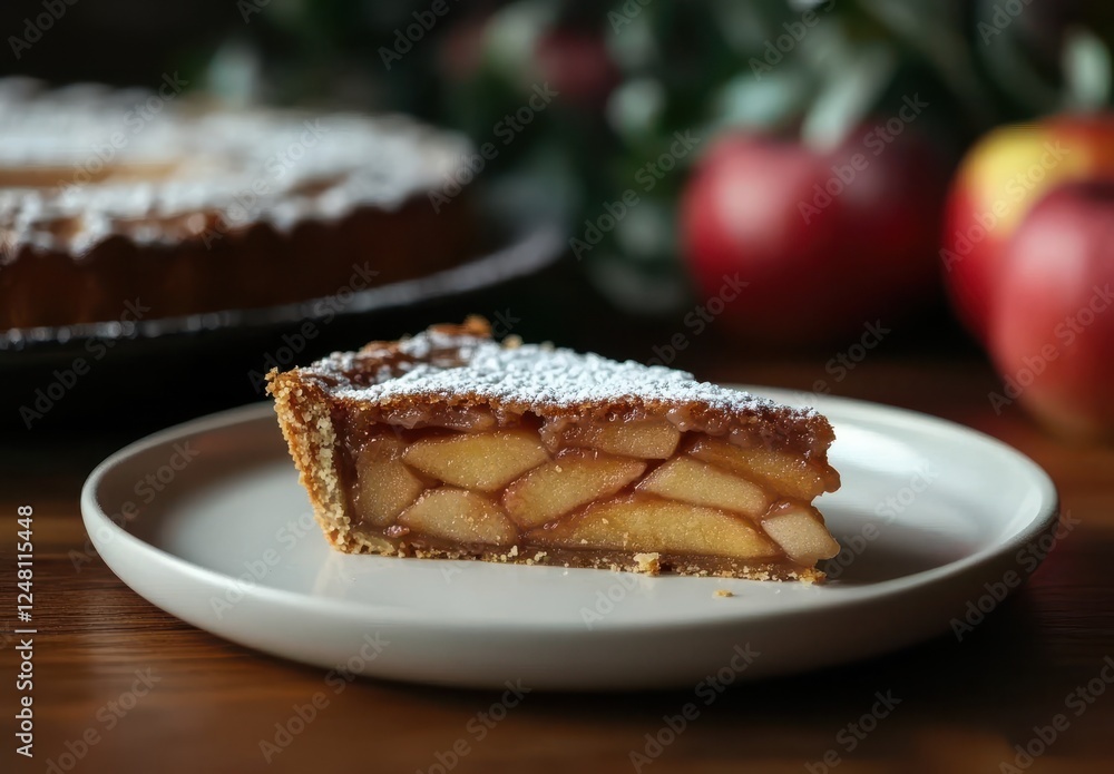 Aufkleber delicious slice of apple pie with golden baked apple filling and powdered sugar served on a rustic w