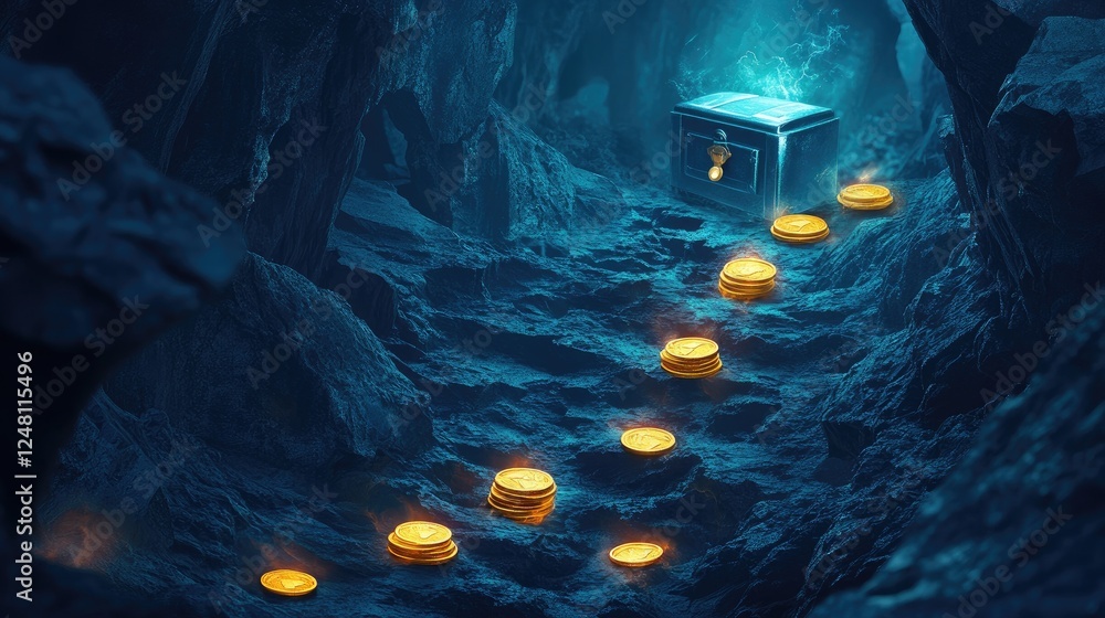 Poster a daring canyon crossing with glowing coins leading to a glowing safe, representing the risk and ult