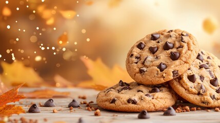 Close-up of freshly baked chocolate chip cookies topped with pumpkin spice cream, set on a rustic Thanksgiving table, golden autumn leaves as background