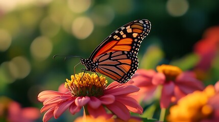 Obraz premium Monarch Butterfly on a Pink Zinnia Flower