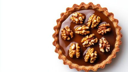Maple walnut tart, detailed top view, golden brown crust with caramelized walnuts, elegant rustic style, high detail, isolated on white background