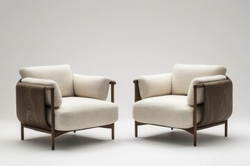 A minimalist Japandi design with armchairs in natural fabrics and a warm, neutral color scheme.