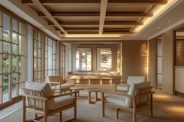 A minimalist Japandi design with armchairs in natural fabrics and a warm, neutral color scheme.