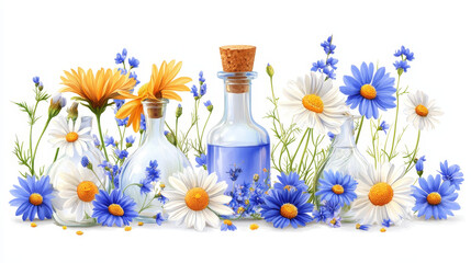 Vector white background with flowers chamomile, cornflowers. Can be placed on the packaging