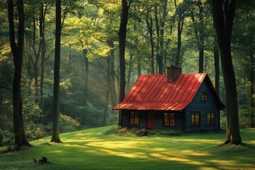 Fototapeta premium Secluded cabin with red roof in sun-dappled forest. Ideal for themes of peace, solitude, and escape to nature.