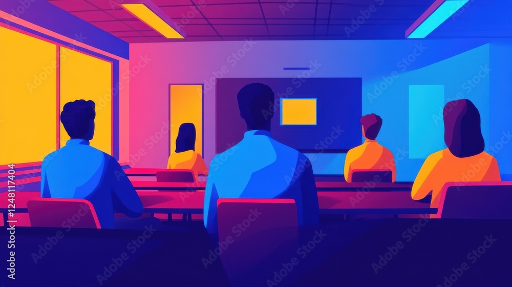 Poster colorful classroom scene with students attending a lecture in a modern educational environment