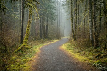 Fototapeta premium A misty forest trail flanked by moss-covered trees and soft undergrowth.
