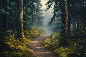 Fototapeta premium A misty forest trail flanked by moss-covered trees and soft undergrowth.