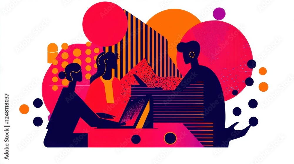 Aufkleber creative team collaboration in a colorful abstract workspace with geometric shapes and vibrant color