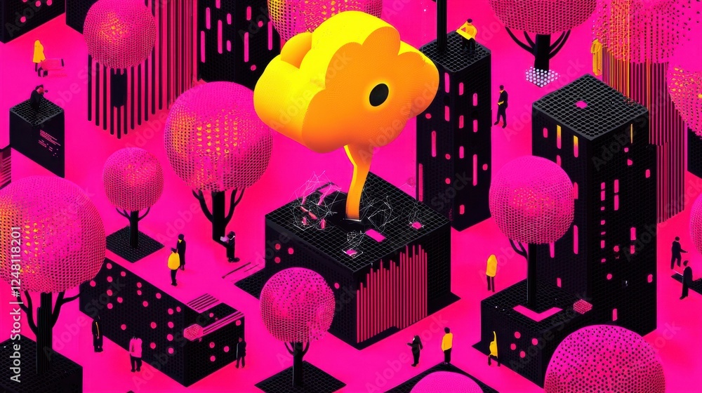 Poster bright cloud concept in digital city with vivid colors and geometric patterns representing technolog