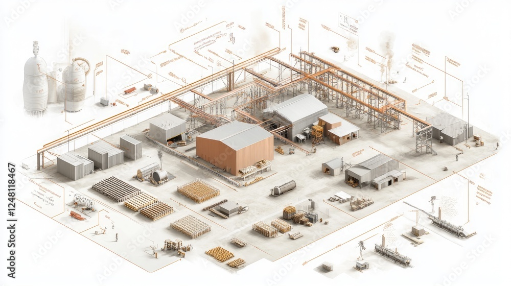 Poster A detailed diagram illustrating the direct flow of materials from local farms and workshops to a central production line, emphasizing the efficiency of a localized supply network.