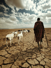 African Nomadic Herder Guides Livestock Across Arid Terrain Under Dramatic Skies During the Dry Season