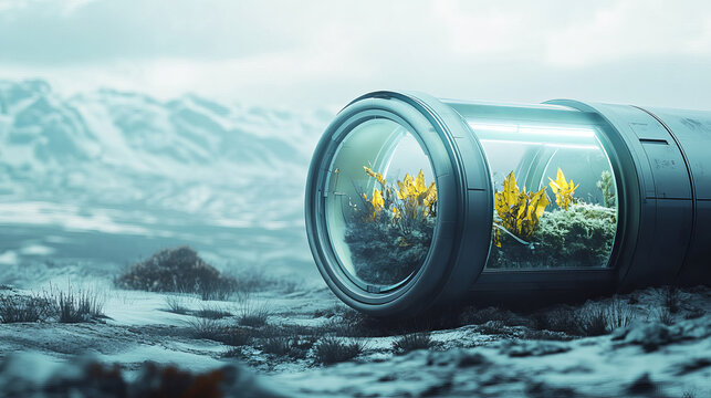 Cryonics capsule, futuristic container with glass tube and cryogenic liquid for hibernation on spaceship or laboratory. Scientific technology camera, Sci-fi freezer, Realistic 3d vector illustration