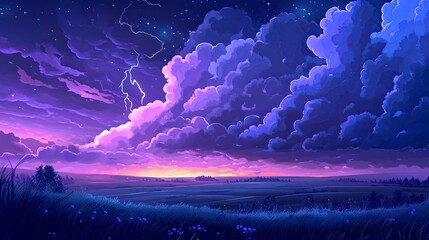 Fototapeta premium Dramatic storm clouds over an open prairie, with lightning in the distance