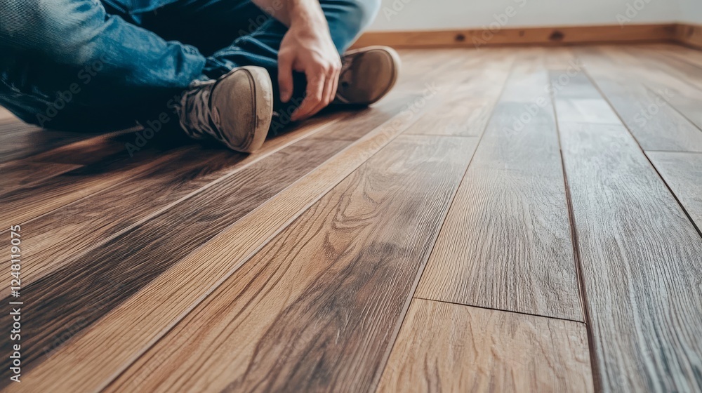 Poster a close-up view of a man installing wood flooring in an empty room.