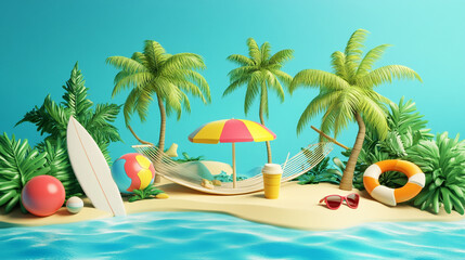 Obraz premium Summer beautiful beach scene Illustration scenic landscape, palm trees surround a tranquil river flowing through a sea beach, Summer Vacation Fun Holiday Relaxation Break Concept in beach background.