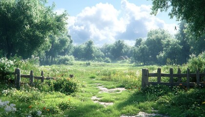 Sunlit path through a lush green field, bordered by wooden fences and wildflowers. Perfect for illustrating idyllic settings, nature scenes, or peaceful moments.