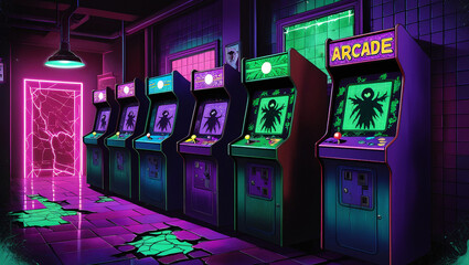 Retro Arcade Game Machines, Neon Colors