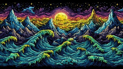 Abstract Psychedelic Sunset Over Mountains Waves Digital Art Print