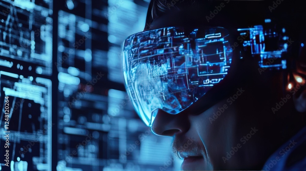 Poster a detailed shot of an engineer wearing ar goggles, using a digital blueprint on a screen to enhance 