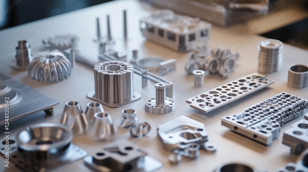 Poster A detailed view of 3D-printed components ready for assembly, symbolizing the future of manufacturing with the aid of AI algorithms driving precision and efficiency.