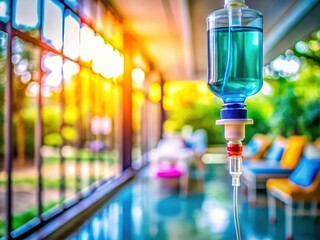 Bogor, Indonesia - December 5, 2024: Medical IV Bag of Saline Solution, Left Composition with Copy Space