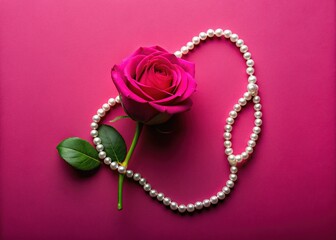 Elegant Rose & Pearl Silhouette: Pink Flat Lay Stock Photo