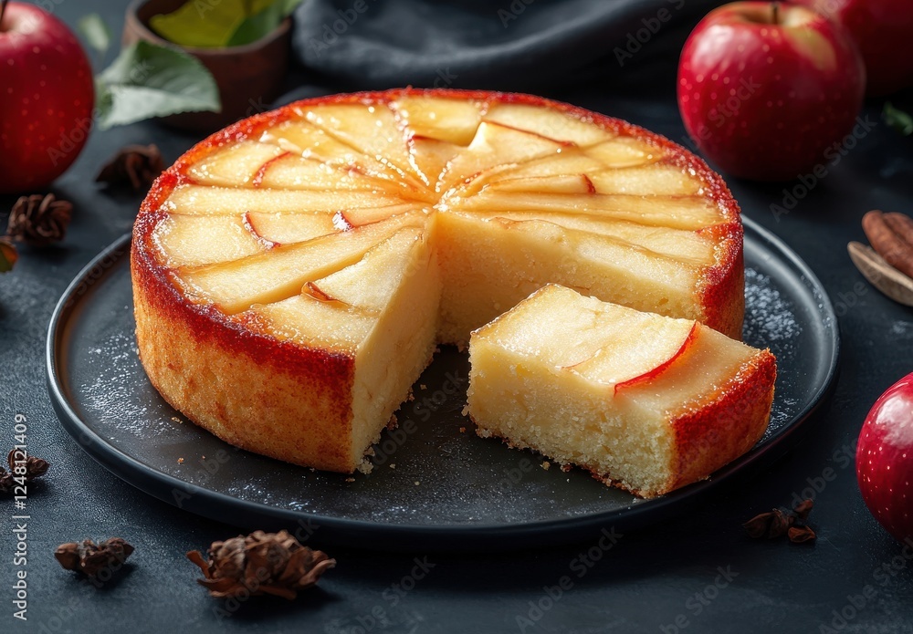 Poster deliciously decorated apple cake with sliced apples and aromatic spices on a dark table surface for 