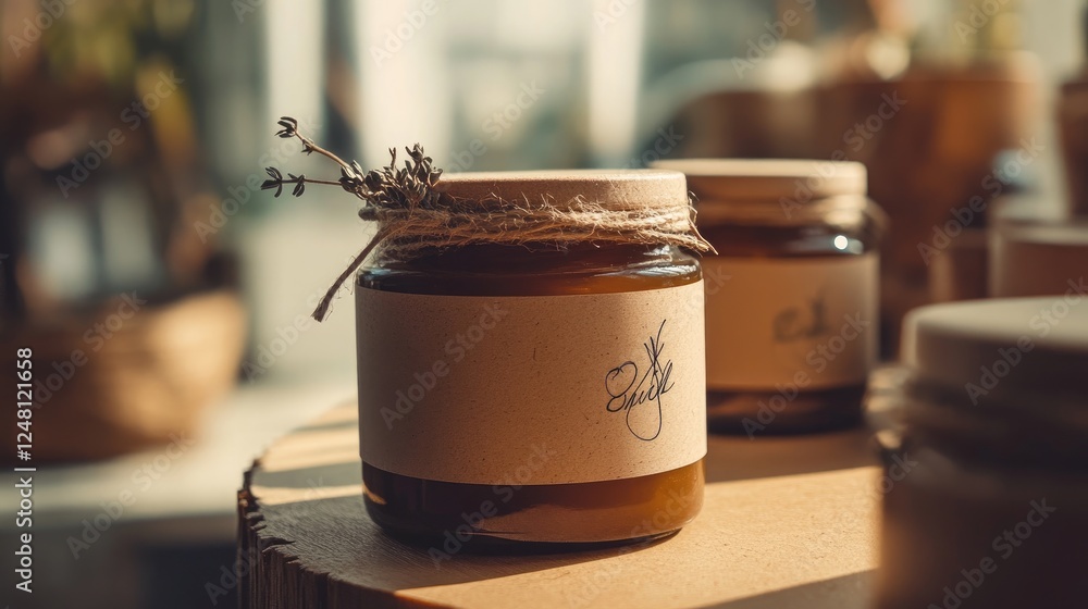 Poster a detailed view of a kraft paper label affixed to a jar, adorned with plant-based inks and a beautif