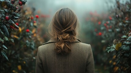 Solitude in an Autumnal Garden: A Woman's Peaceful Stroll Through Misty Rose Bushes