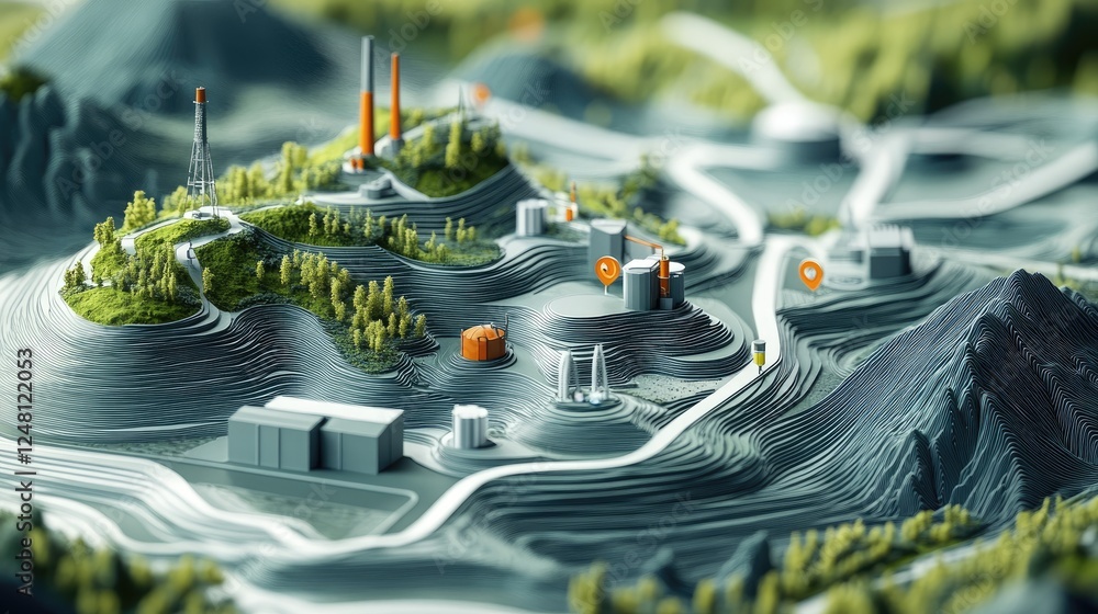 Aufkleber A detailed view of a topographic map showing marked locations of local resources and a highlighted path leading to a factory, showcasing a more efficient and localized supply chain.