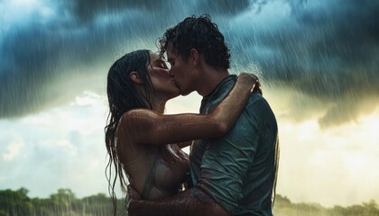 Passionate couple kissing in the rain under dramatic sky © ЮРИЙ ПОЗДНИКОВ