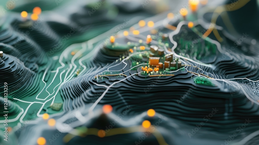 Aufkleber A detailed view of a topographic map showing marked locations of local resources and a highlighted path leading to a factory, showcasing a more efficient and localized supply chain.