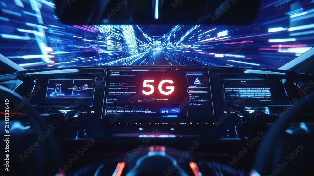 Poster A detailed view of the interface inside an autonomous vehicle, with digital data displays and a glowing 5G signal logo, showcasing advanced communication technology for smart mobility.