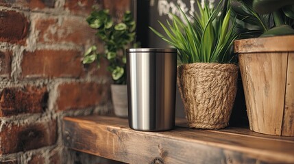 Matte stainless steel tumbler standing upright on a wooden shelf