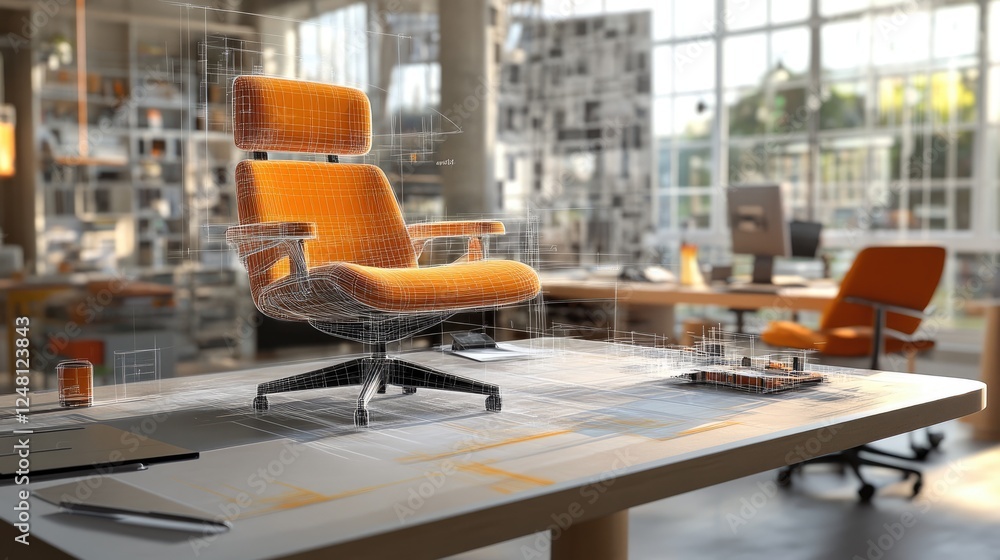 Poster A digital chair model hovers over a physical sketch on a designer's worktable, with real-time adjustments made using a stylus, blending physical and virtual design elements.