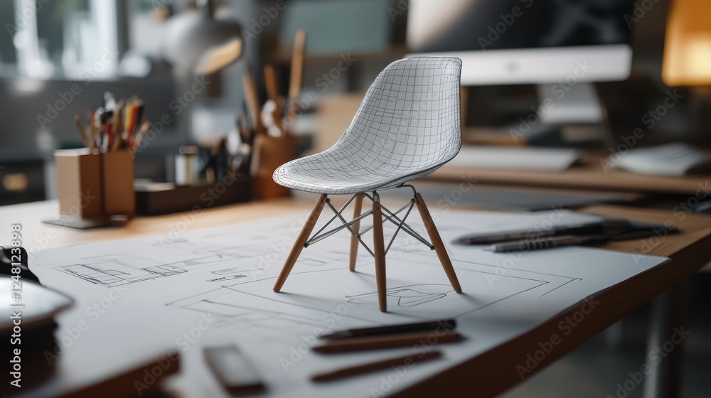 Poster A digital chair model hovers over a physical sketch on a designer's worktable, with real-time adjustments made using a stylus, blending physical and virtual design elements.