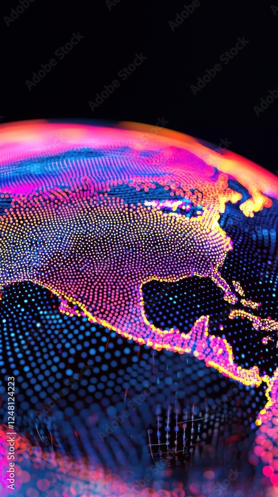 Poster vibrant abstract representation of earth with colorful dots in neon style for digital and creative u