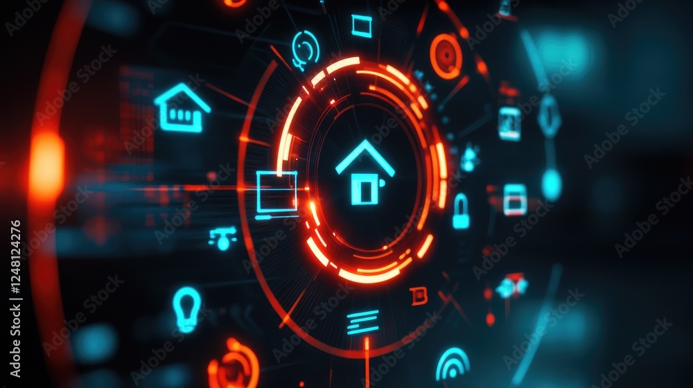 Poster a digital clock face glowing with smart home icons, illustrating the integration of time management 