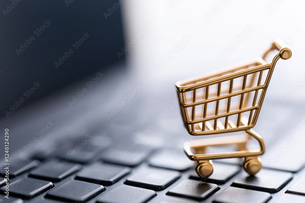 Poster the transformation of e-commerce business in the digital age. sleek digital cart symbol emphasizing 