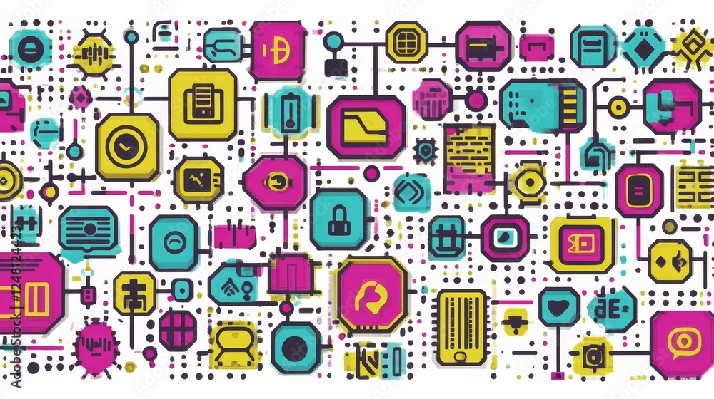 Poster abstract network technology global interconnection colorful icons seamless pattern design