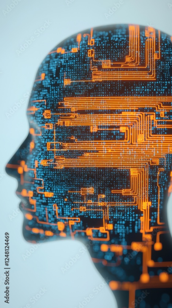 Poster abstract representation of artificial intelligence with circuits glowing on a human profile silhouet